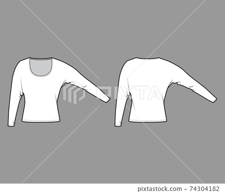 Top with long dolman sleeves technical fashion illustration with relax fit, under waist length, round neckline. Flat 74304182