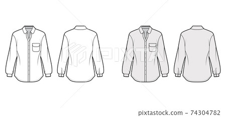 Classic shirt technical fashion illustration with rounded pocket and collar, long sleeves, front button-fastening Classic shirt technical fashion illustration with rounded pocket and collar, long sleeves, front button-fastening 74304782