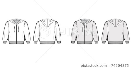 Zip-up cropped cotton-jersey hoodie technical fashion illustration with puffed shoulders, elbow sleeves, ribbed trims 74304875