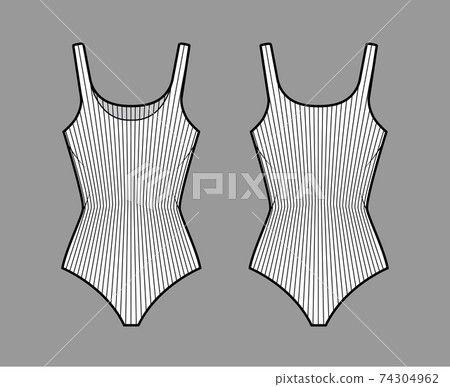 Ribbed cotton-jersey tank bodysuit technical fashion illustration with fitted knit body, sleeveless. Flat outwear cami 74304962