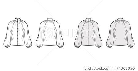Shirred high-cut neck blouse technical fashion illustration with long bishop sleeve, front button-fastening, oversized 74305050