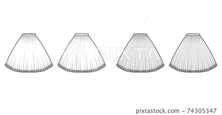 Skirt tutu crinoline technical fashion illustration with knee silhouette, circular fullness, thin waistband. Flat bottom Skirt tutu crinoline technical fashion illustration with knee silhouette, circular fullness, thin waistband. Flat bottom 74305347