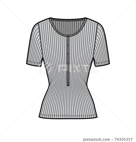 Ribbed cotton-jersey top technical fashion illustration with short sleeves, slim fit, scoop henley neckline. Flat shirt Ribbed cotton-jersey top technical fashion illustration with short sleeves, slim fit, scoop henley neckline. Flat shirt 74305357