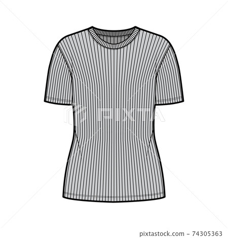 Ribbed crew neck knit t-shirt technical fashion illustration with short rib sleeves, oversized body flat outwear apparel Ribbed crew neck knit t-shirt technical fashion illustration with short rib sleeves, oversized body flat outwear apparel 74305363