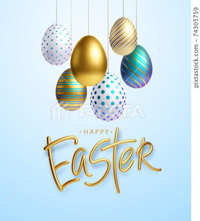 Easter greeting background with realistic golden, blue, white Easter eggs. Vector illustration 74305759