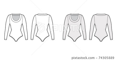 Bodysuit technical fashion illustration with scooped neckline, long sleeves, medium-coverage briefs outwear one-piece  74305889