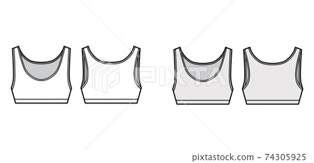 Sport Bra lingerie top technical fashion illustration with wide shoulder straps. Flat brassiere template Sport Bra lingerie top technical fashion illustration with wide shoulder straps. Flat brassiere template 74305925