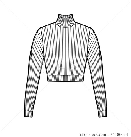 Cropped turtleneck ribbed-knit sweater technical fashion illustration with long sleeves, close-fitting shape. Cropped turtleneck ribbed-knit sweater technical fashion illustration with long sleeves, close-fitting shape. 74306024