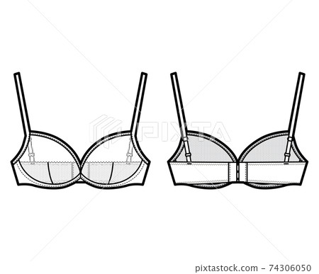 Sheer Bra lingerie technical fashion illustration with adjustable shoulder straps, hook-and-eye closure. Flat brassiere Sheer Bra lingerie technical fashion illustration with adjustable shoulder straps, hook-and-eye closure. Flat brassiere 74306050
