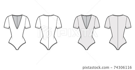 Stretch-jersey bodysuit technical fashion illustration with plunging V-neckline, sculpting fit, short sleeves one-piece 74306116