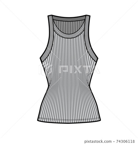 Ribbed racer-back cotton-jersey tank technical fashion illustration with wide scoop neck, fitted knit body, tunic length 74306118