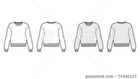 Cotton-terry sweatshirt technical fashion illustration with relaxed fit, crew neckline, long sleeves. Flat jumper  74306137