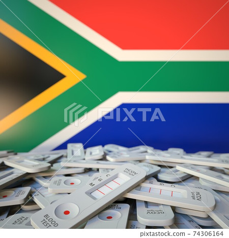 Coronavirus rapid antigen tests and flag of South Africa. Pandemic concept 3D rendering 74306164
