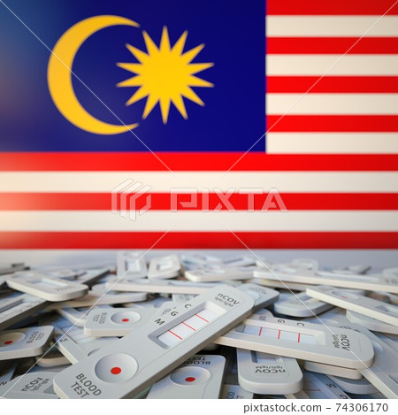 Coronavirus rapid antigen tests and flag of Malaysia. Pandemic concept 3D rendering 74306170