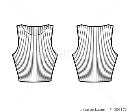 Cropped ribbed cotton-jersey tank technical fashion illustration with slim fit, waist length, crew neckline. Flat top 74306172