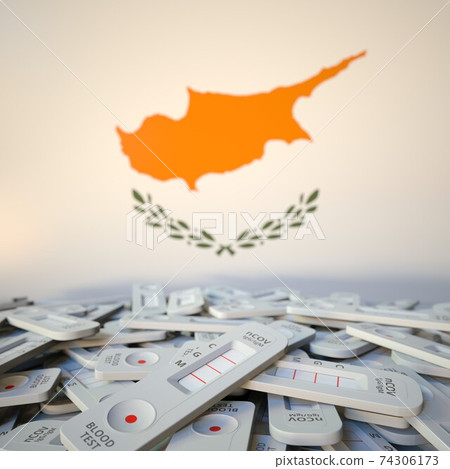 National flag of Cyprus and multiple coronavirus antigen tests, public health conceptual 3D rendering 74306173
