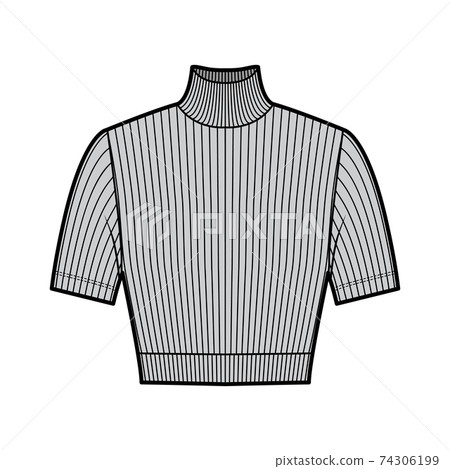 Cropped turtleneck ribbed-knit sweater technical fashion illustration with short sleeves, close-fitting shape.  74306199