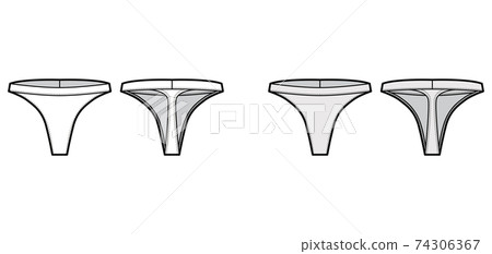 Thong underwear technical fashion illustration with elastic waistband, narrow strip. Flat tanga Underpants lingerie 74306367