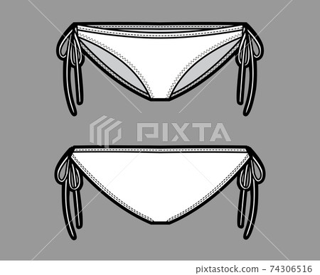 String bikinis fashion illustration with side ties, elastic waistband, low rise. Flat Mini-knickers panties lingerie String bikinis fashion illustration with side ties, elastic waistband, low rise. Flat Mini-knickers panties lingerie 74306516