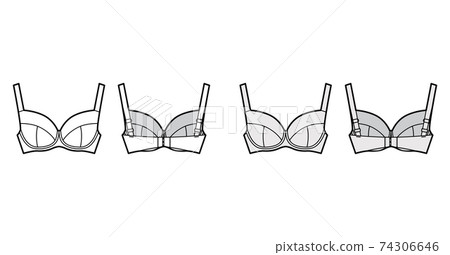 Bra full support lingerie technical fashion illustration with full adjustable wide shoulder straps, hook-and-eye closure 74306646