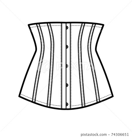 Waist cincher back laced longline corsetry lingerie technical fashion illustration with bones. Flat belt template 74306651