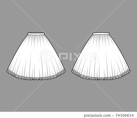 Skirt tutu crinoline technical fashion illustration with knee silhouette, circular fullness, thin waistband. Flat bottom Skirt tutu crinoline technical fashion illustration with knee silhouette, circular fullness, thin waistband. Flat bottom 74306654