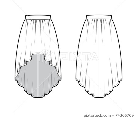 Skirt high low technical fashion illustration with knee-ancle silhouette, semi-circular fullness, thick waistband. Flat Skirt high low technical fashion illustration with knee-ancle silhouette, semi-circular fullness, thick waistband. Flat 74306709