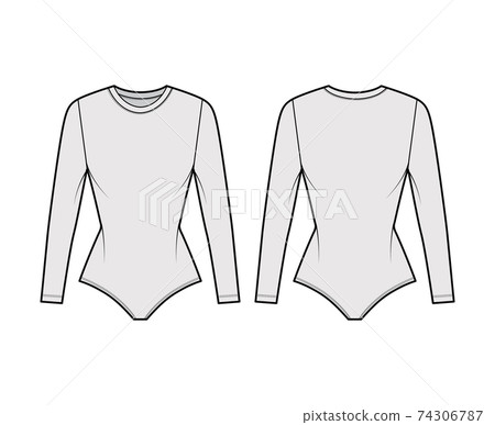 Stretch-jersey bodysuit technical fashion illustration with crew neck, long sleeves, fitted body. Flat one-piece Stretch-jersey bodysuit technical fashion illustration with crew neck, long sleeves, fitted body. Flat one-piece 74306787