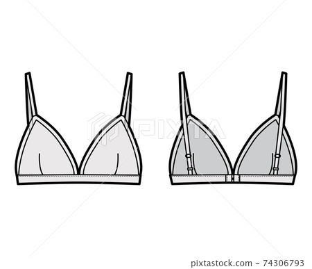 Triangle Bra lingerie technical fashion illustration with adjustable straps, hook-and-eye closure, sheer edge cups. Flat Triangle Bra lingerie technical fashion illustration with adjustable straps, hook-and-eye closure, sheer edge cups. Flat 74306793