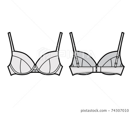 Bra full cup lingerie technical fashion illustration with full adjustable shoulder straps, hook-and-eye closure. Bra full cup lingerie technical fashion illustration with full adjustable shoulder straps, hook-and-eye closure. 74307010