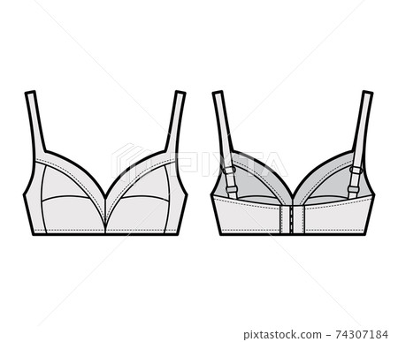 Bra soft cup lingerie technical fashion illustration with full adjustable shoulder straps, hook-and-eye closure. Flat Bra soft cup lingerie technical fashion illustration with full adjustable shoulder straps, hook-and-eye closure. Flat 74307184