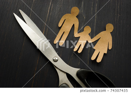 Parental alienation concept. Figures of family and scissors as symbol of divorce. Parental alienation concept. Figures of family and scissors as symbol of divorce. 74307435