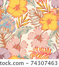 Tropical hibiscus flowers leaves seamless white background 74307463