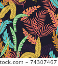 Cartoon tropical leaf seamless pattern black background 74307467