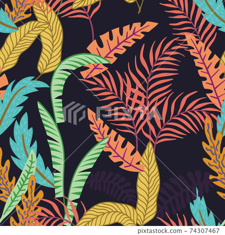Cartoon tropical leaf seamless pattern black background 74307467