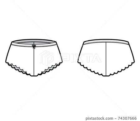 French knickers technical fashion illustration with scalloped edge, elastic waistband. Flat Mini-short panties lingerie 74307666