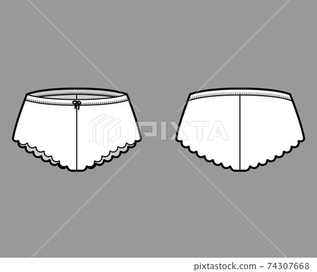 French knickers technical fashion illustration with scalloped edge, elastic waistband. Flat Mini-short panties lingerie 74307668