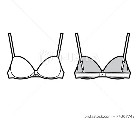 Bra contour molded cup lingerie technical fashion illustration with full adjustable shoulder strap, hook-and-eye closure Bra contour molded cup lingerie technical fashion illustration with full adjustable shoulder strap, hook-and-eye closure 74307742
