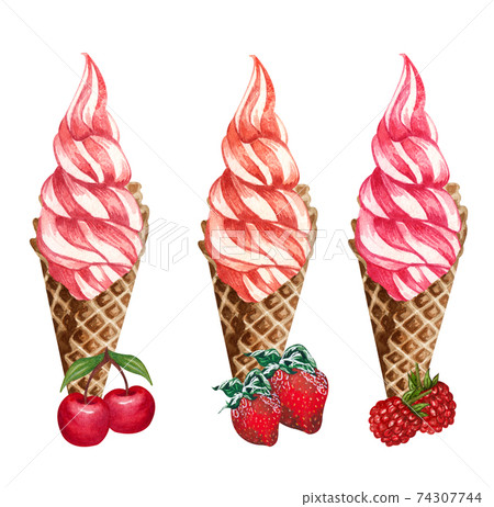 Hand drawn illustration of cherry, strowberry and raspberry ice creams in a waffle cone together with berries. 74307744