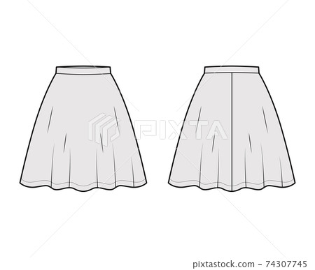Skirt flared skater technical fashion illustration with above-the-knee silhouette, semi-circular fullness. Flat bottom 74307745