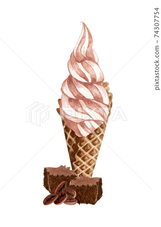 Watercolor chocolate ice cream cone. Hand drawn illustration of chocolate brownie, coffee beans and brown ice creams in a waffle cone. 74307754