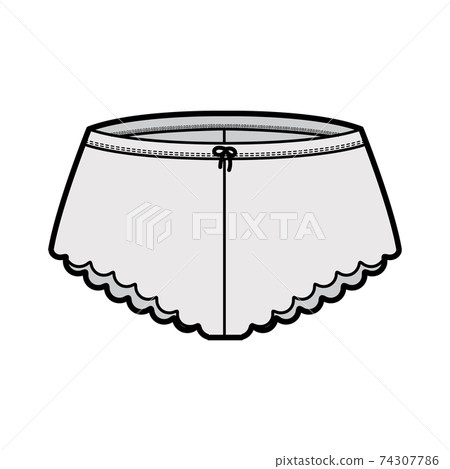 French knickers technical fashion illustration with scalloped edge, elastic waistband. Flat Mini-short panties lingerie 74307786