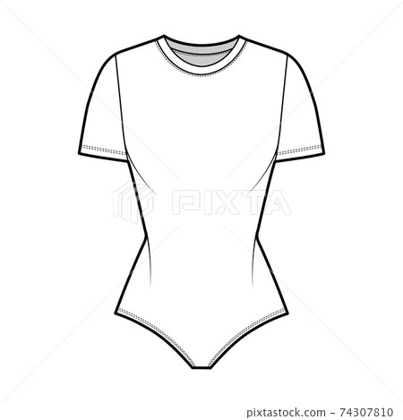 Stretch-jersey bodysuit technical fashion illustration with crew neck, short sleeves, fitted body. Flat one-piece Stretch-jersey bodysuit technical fashion illustration with crew neck, short sleeves, fitted body. Flat one-piece 74307810