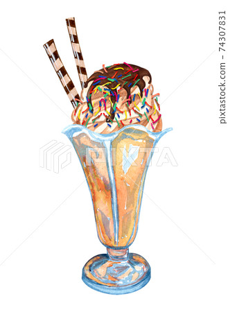 Watercolor chocolad ice cream in a glass. Hand drawn sundae Illustration with chocolate stick and cream on top. 74307831