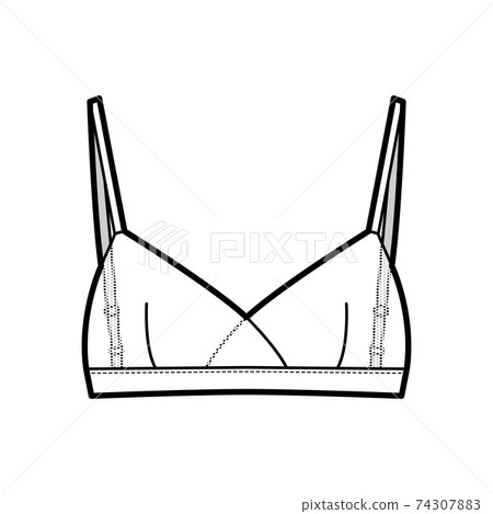 Sheer Bralette lingerie technical fashion illustration with adjustable shoulder straps, hook-and-eye closure. Flat Sheer Bralette lingerie technical fashion illustration with adjustable shoulder straps, hook-and-eye closure. Flat 74307883