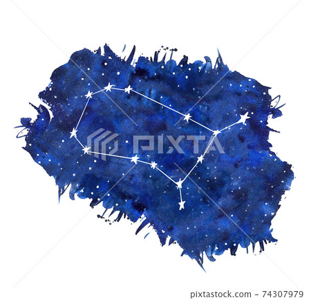 Gemini watercolor zodiac signs. Hand drawn stars on deep blue galaxy background illustration 74307979
