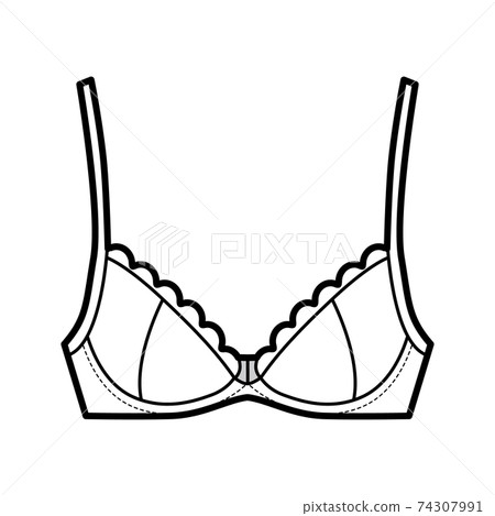 Bra scalloped cups lingerie technical fashion illustration with full adjustable shoulder straps, hook-and-eye closure 74307991