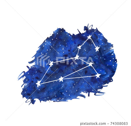 Leo watercolor zodiac signs. Hand drawn stars on deep blue galaxy background illustration 74308083