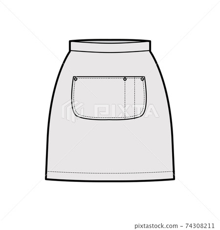Skirt apron technical fashion illustration with mini silhouette, pencil fullness, big center pocket Flat bottom template Skirt apron technical fashion illustration with mini silhouette, pencil fullness, big center pocket Flat bottom template 74308211