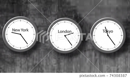 Three watch dials. London, New York, Tokyo. Three watch dials. London, New York, Tokyo. 74308387